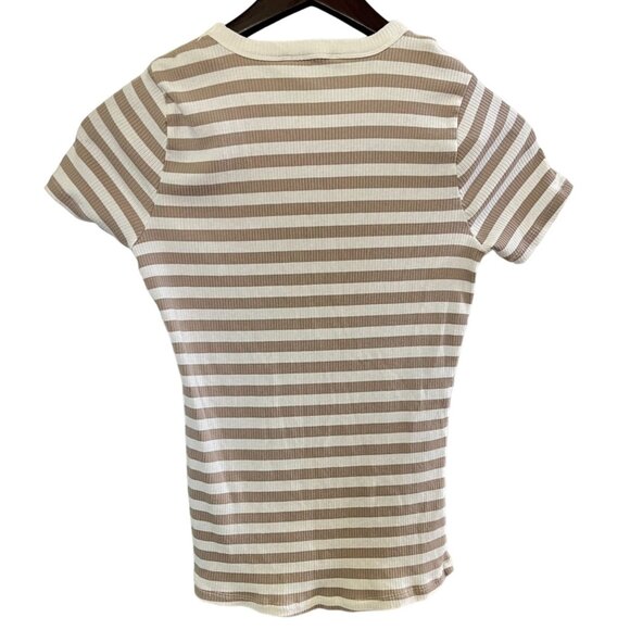 Dip Striped T Shirt Womens Size Large Tee Cap Short Sleeves Brown White - Picture 2 of 6